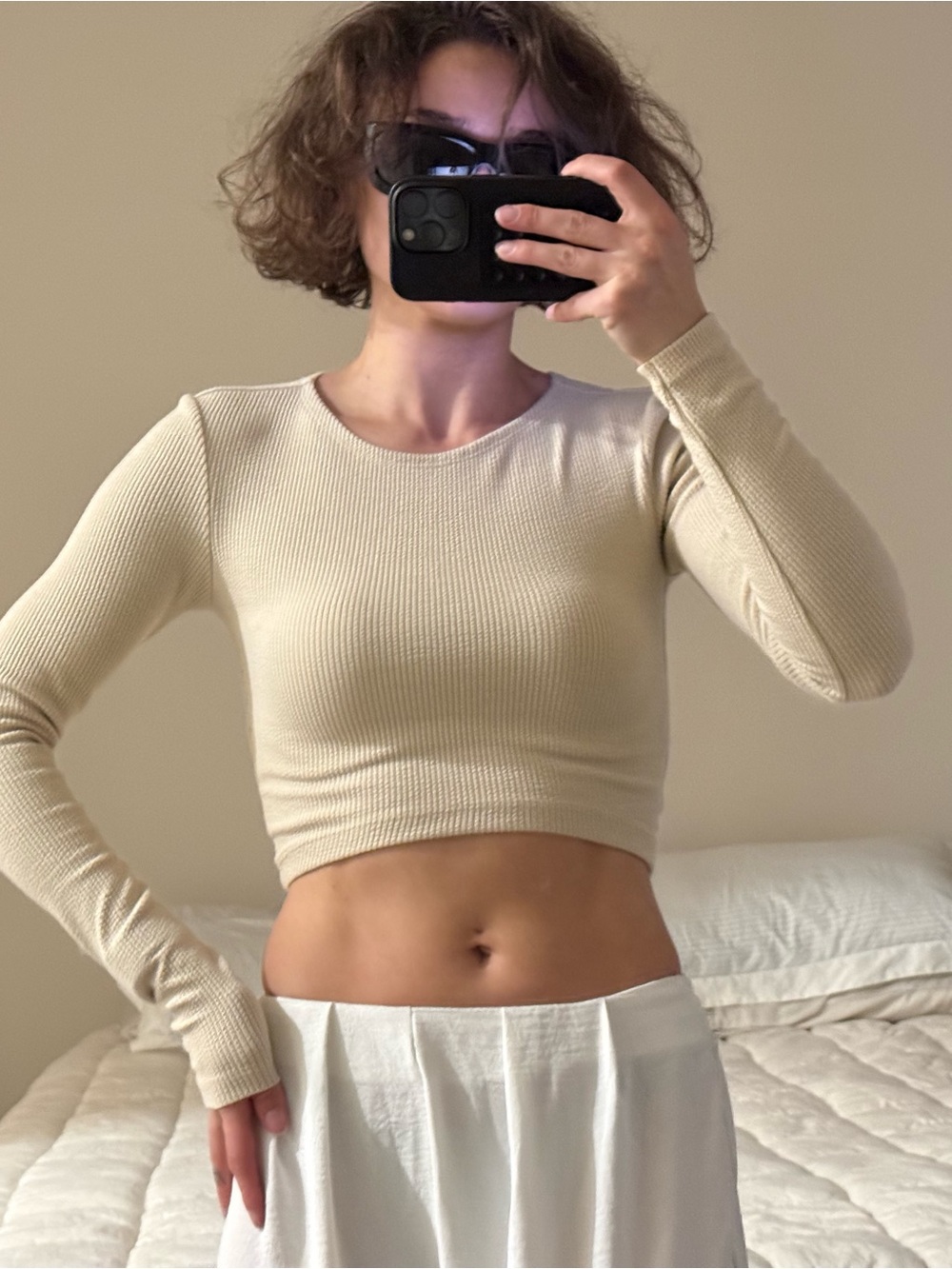 Zara Long-Sleeve Ribbed Crop Top - Beige
